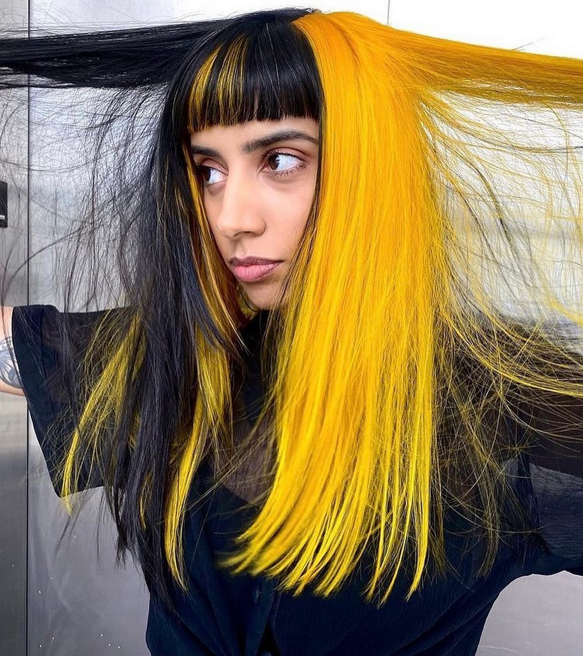 Half-Black Half-Yellow Layered Hair With Micro Bangs