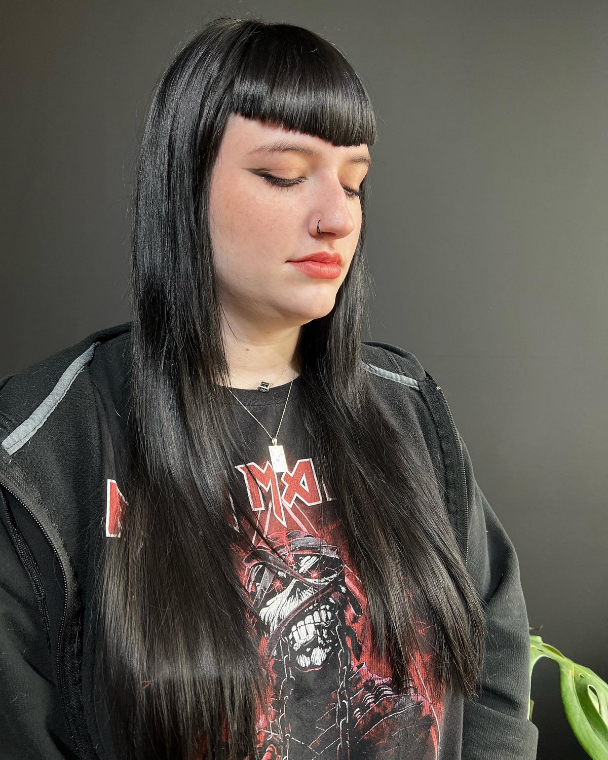 Black Straight Layers With V Bangs Gothic Style