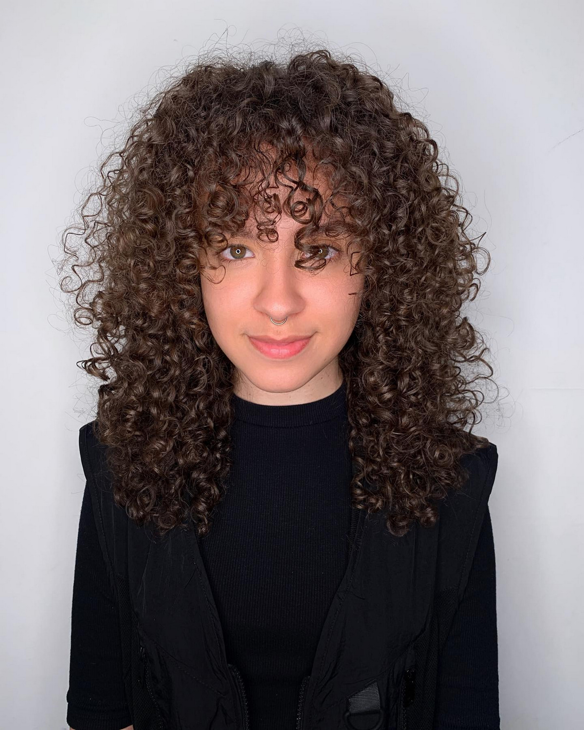 Brown Springy Curls With Curl Bangs