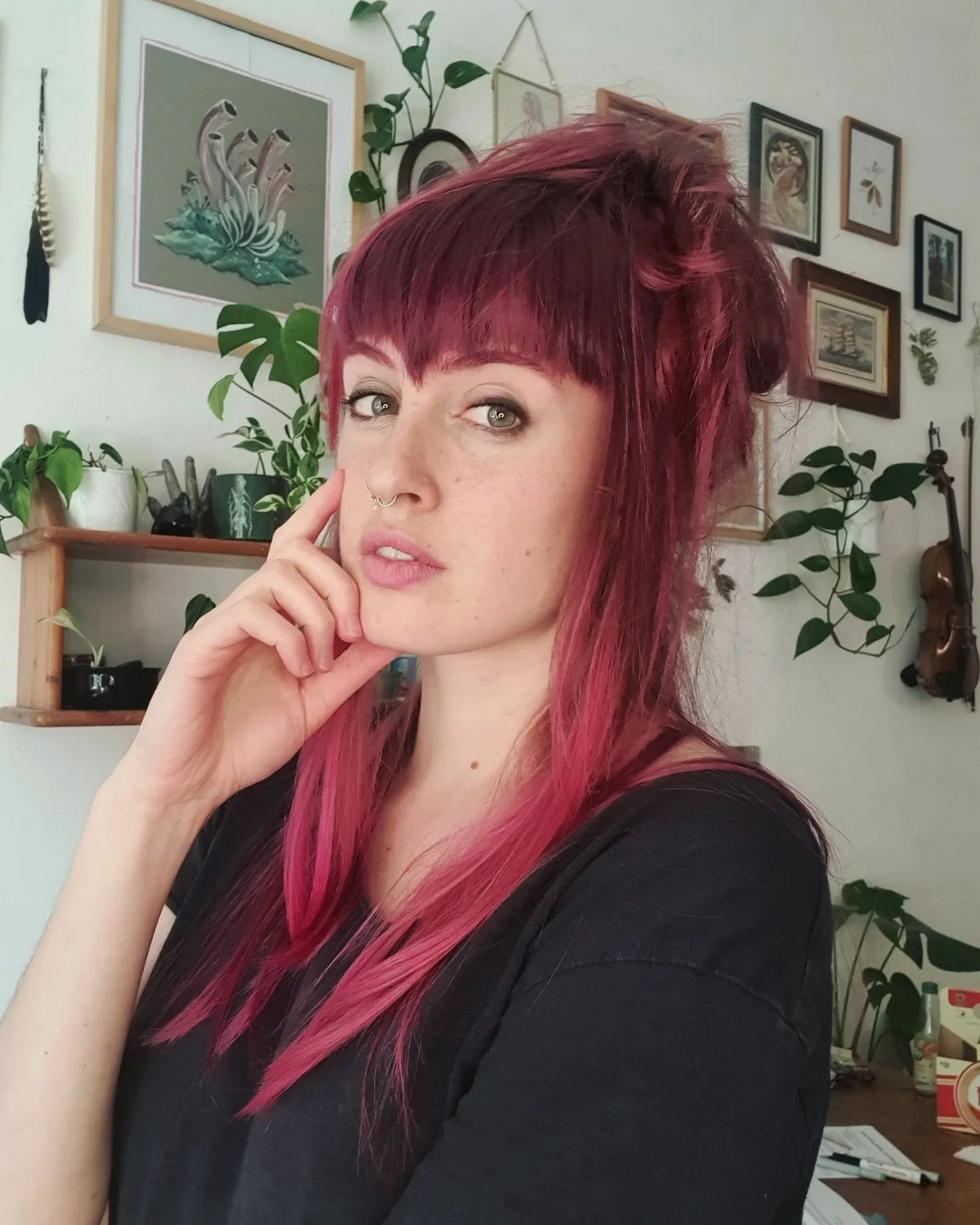 V Bangs And Half Up Cherry Red Layers