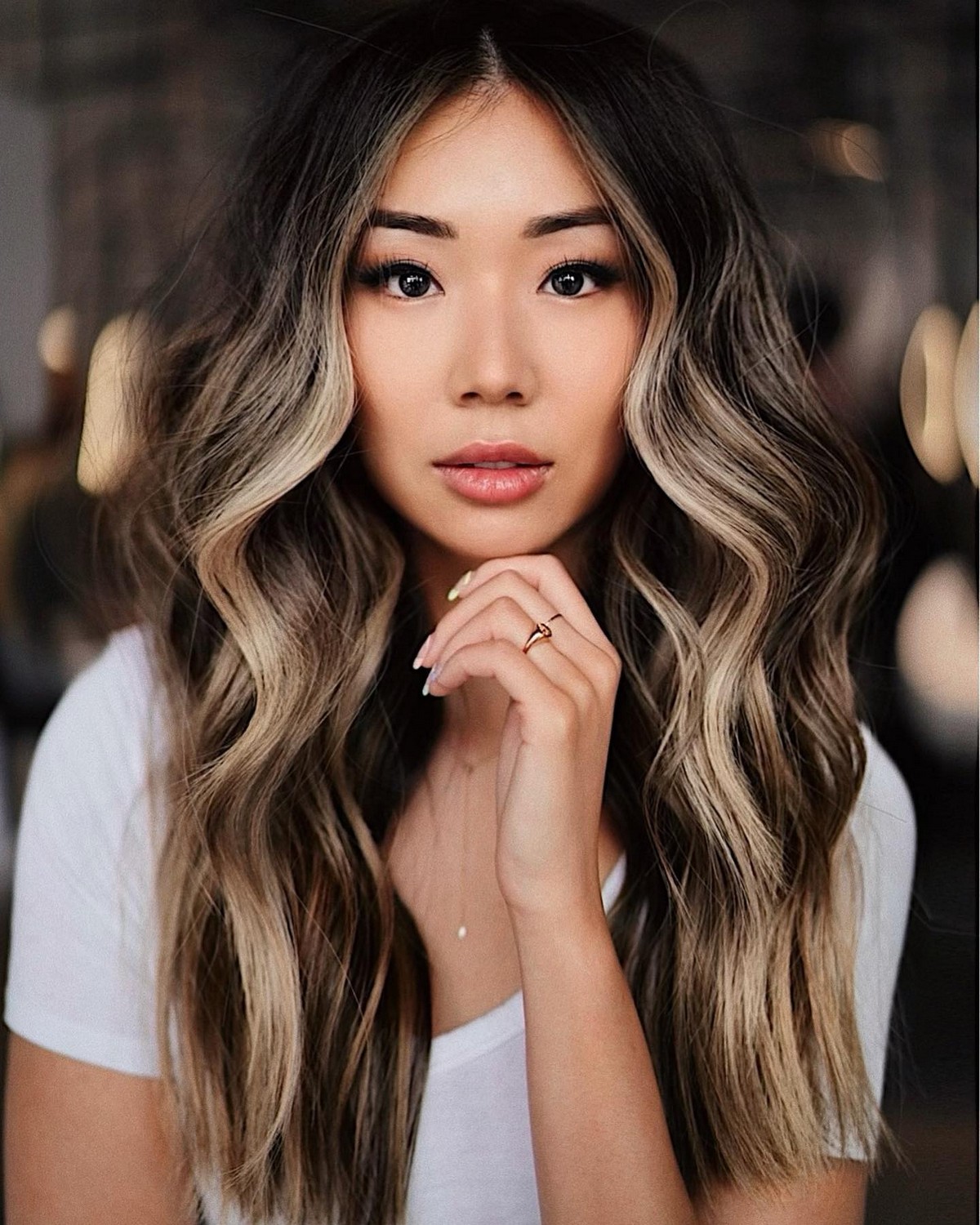 Soft Golden Blonde Highlights On Black Hair