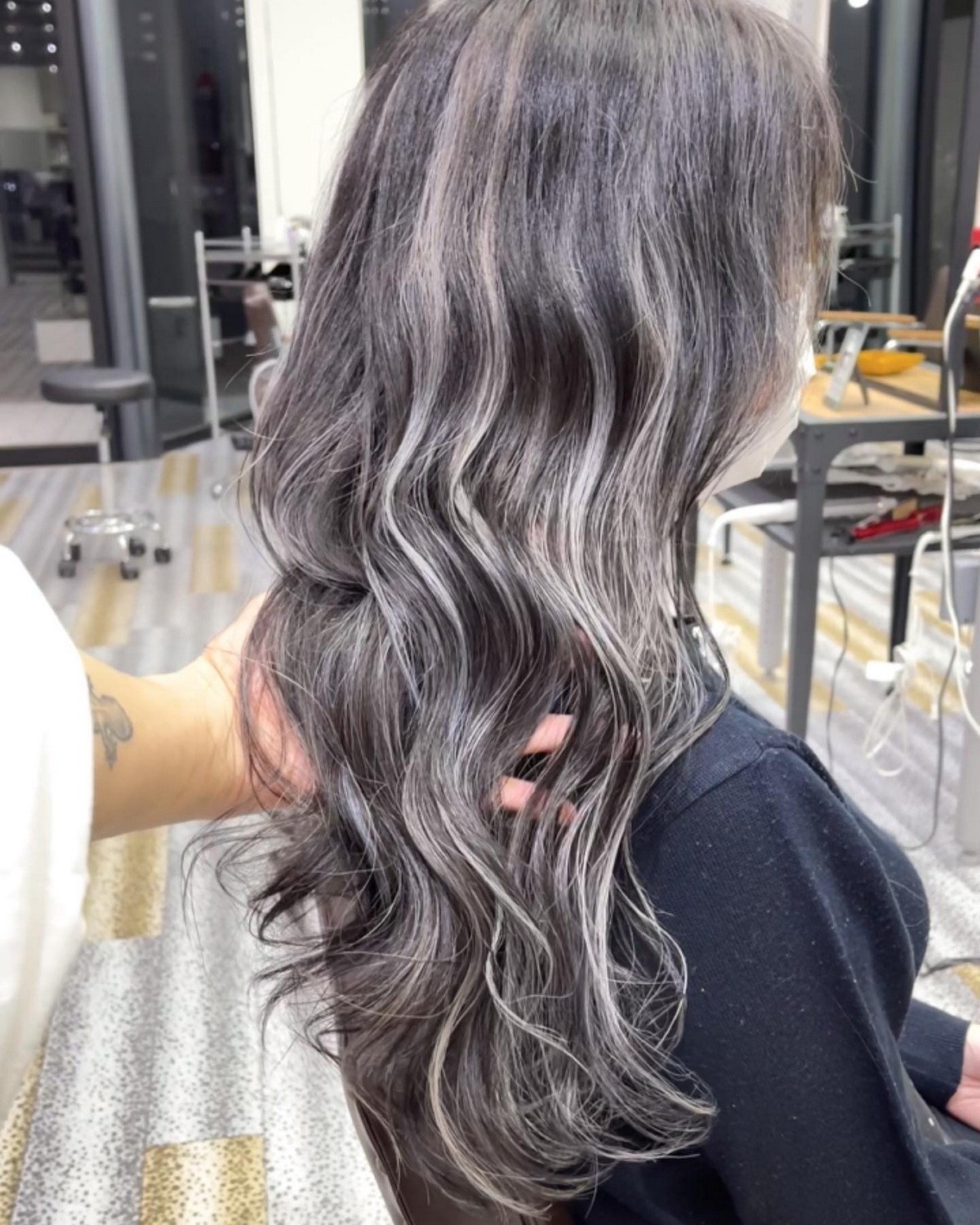 Ashy Silver Blonde Highlights On Black Hair