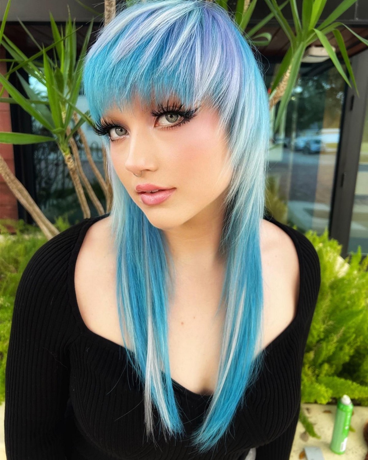 Modern Pastel Blue And Jellyfish Haircut With Textured Bangs