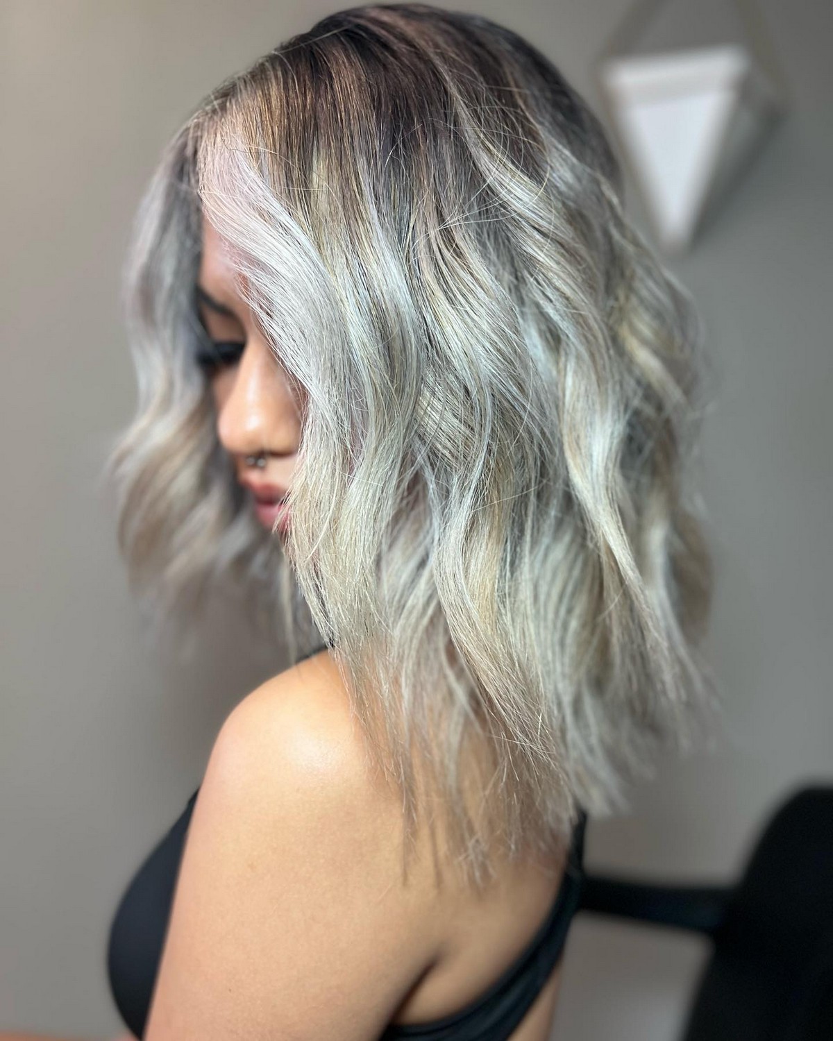 Ashy Platinum Blonde Balayage On Black Hair