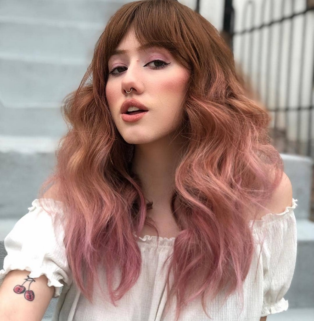 Pink Ombre Wavy Hair And Bangs