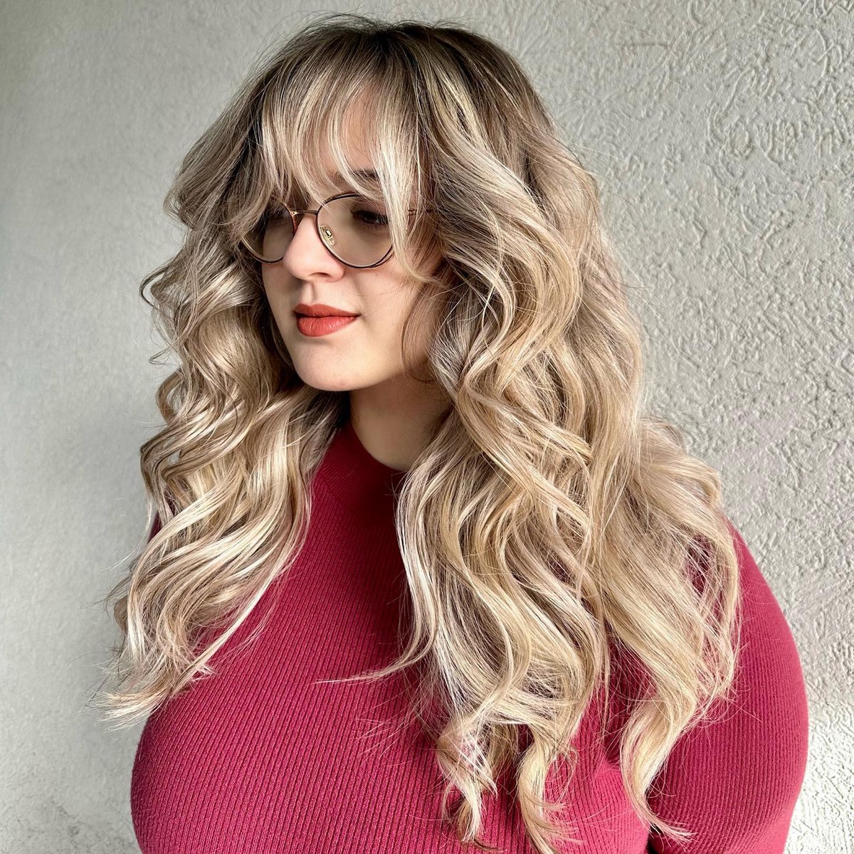 Blonde Balayage Beachy Waves With Wispy Bangs