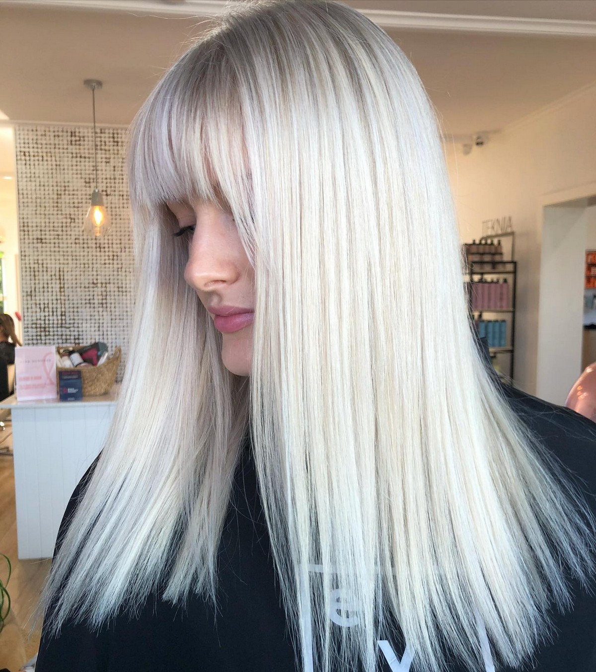 Platinum Smooth Straight Blunt Hair With Silly Bangs