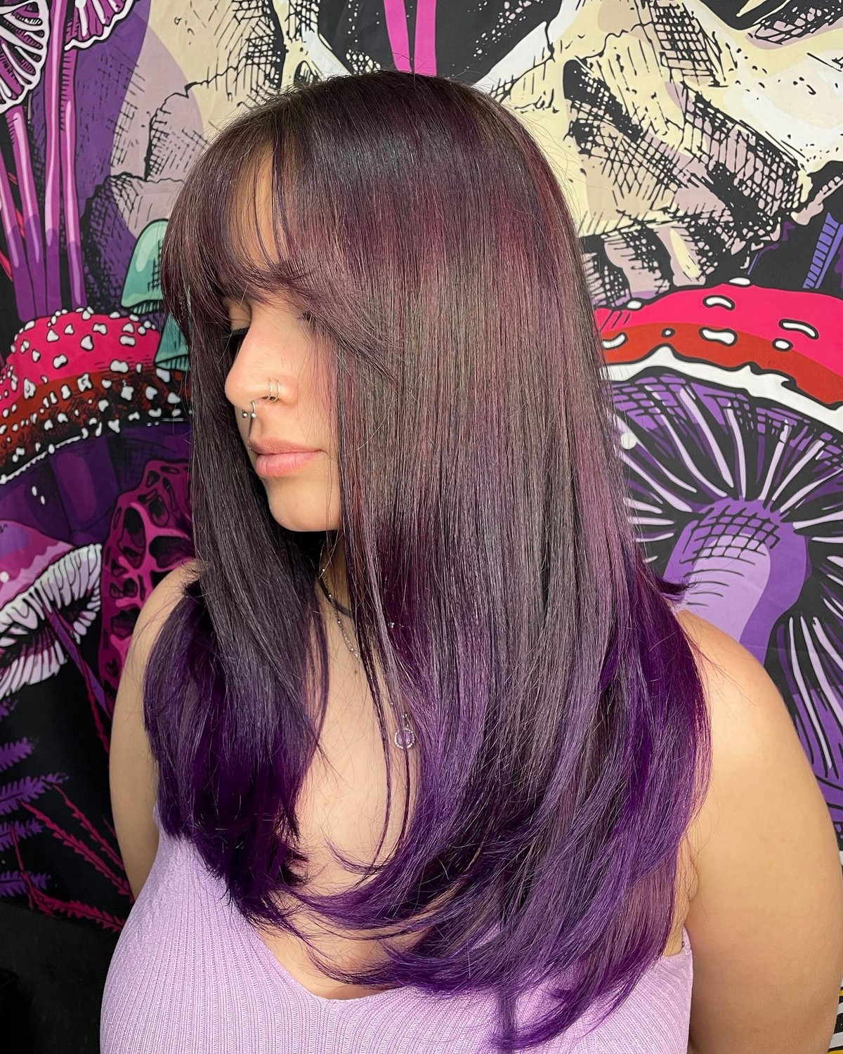 Purple Balayage Layers And Wispy Bangs