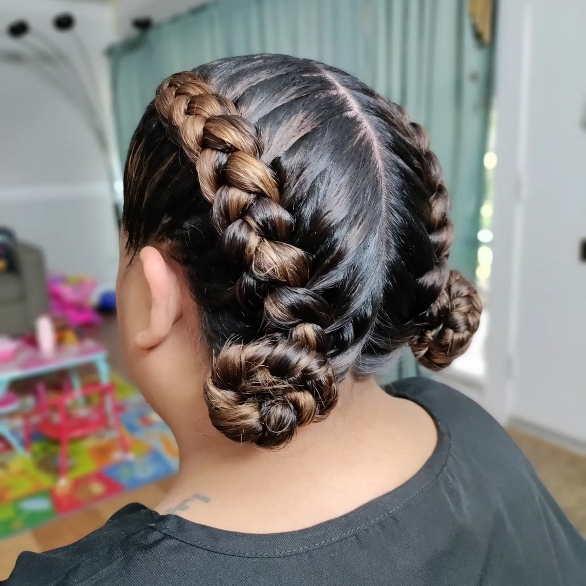 Two Thick Braids With Bun Hair