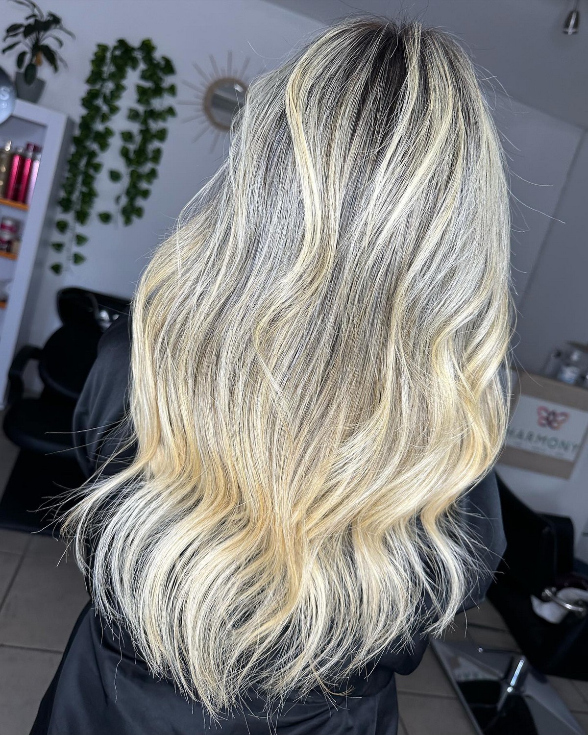 Buttery Blonde Highlights With A Root Shadow On Black Hair