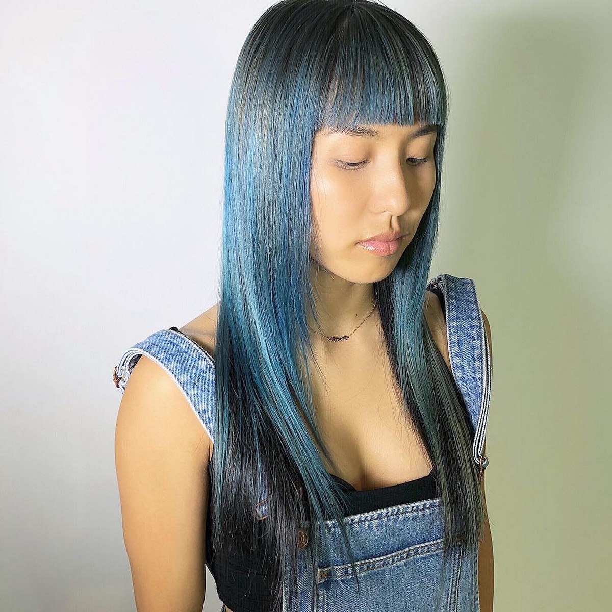 Blue Balayage Layers And Blunt Bangs