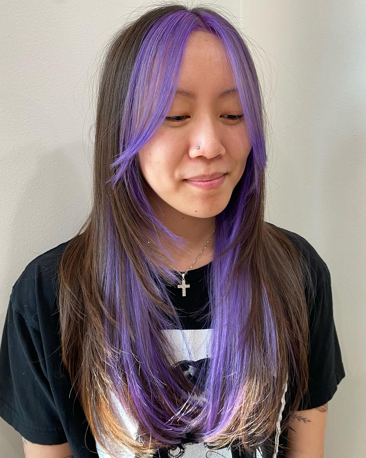 Long Layered Straight Hair With Purple Curtain Bangs