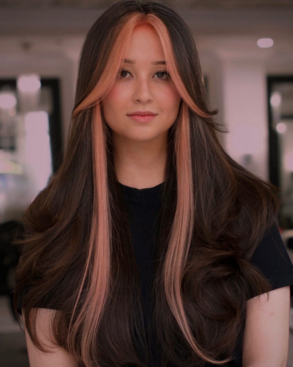 Peachy Money-piece Hairstyle And Curtain Bangs