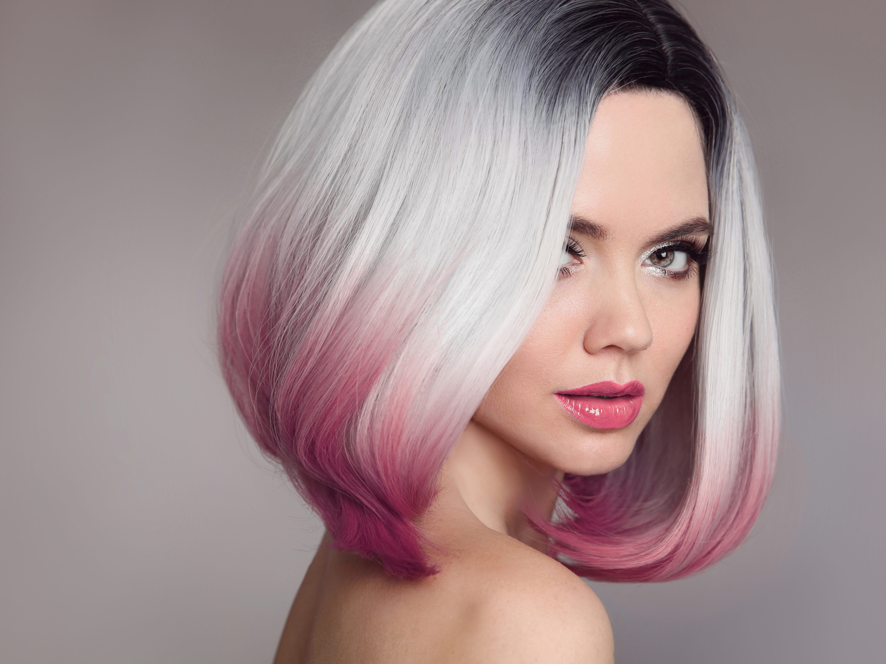 Ombre Platinum With Pink Thick Bob Hair