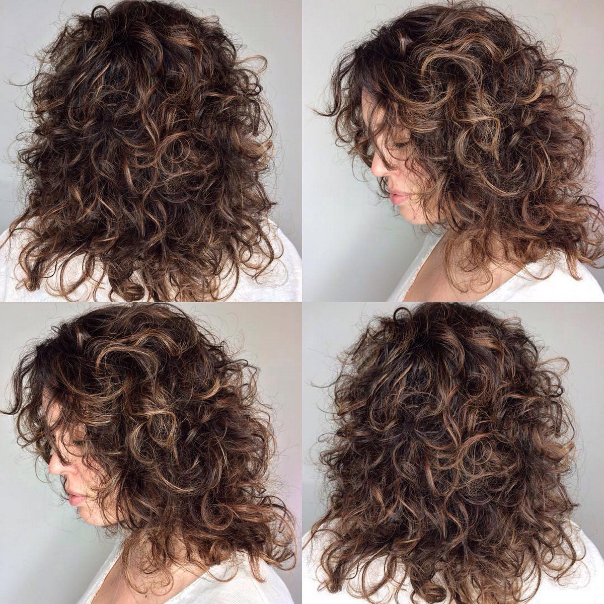 Medium Curly Brunette Shag with Babylights