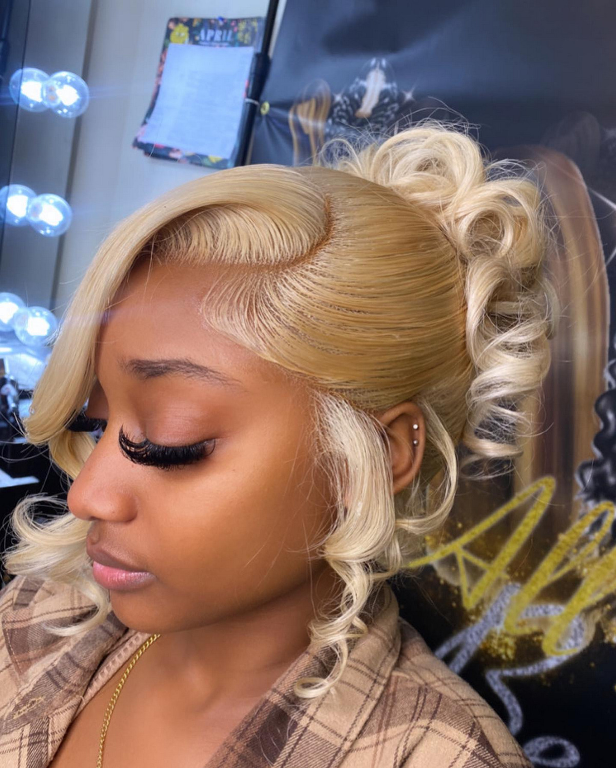 Blonde Updo Curly With Side Swept Bangs