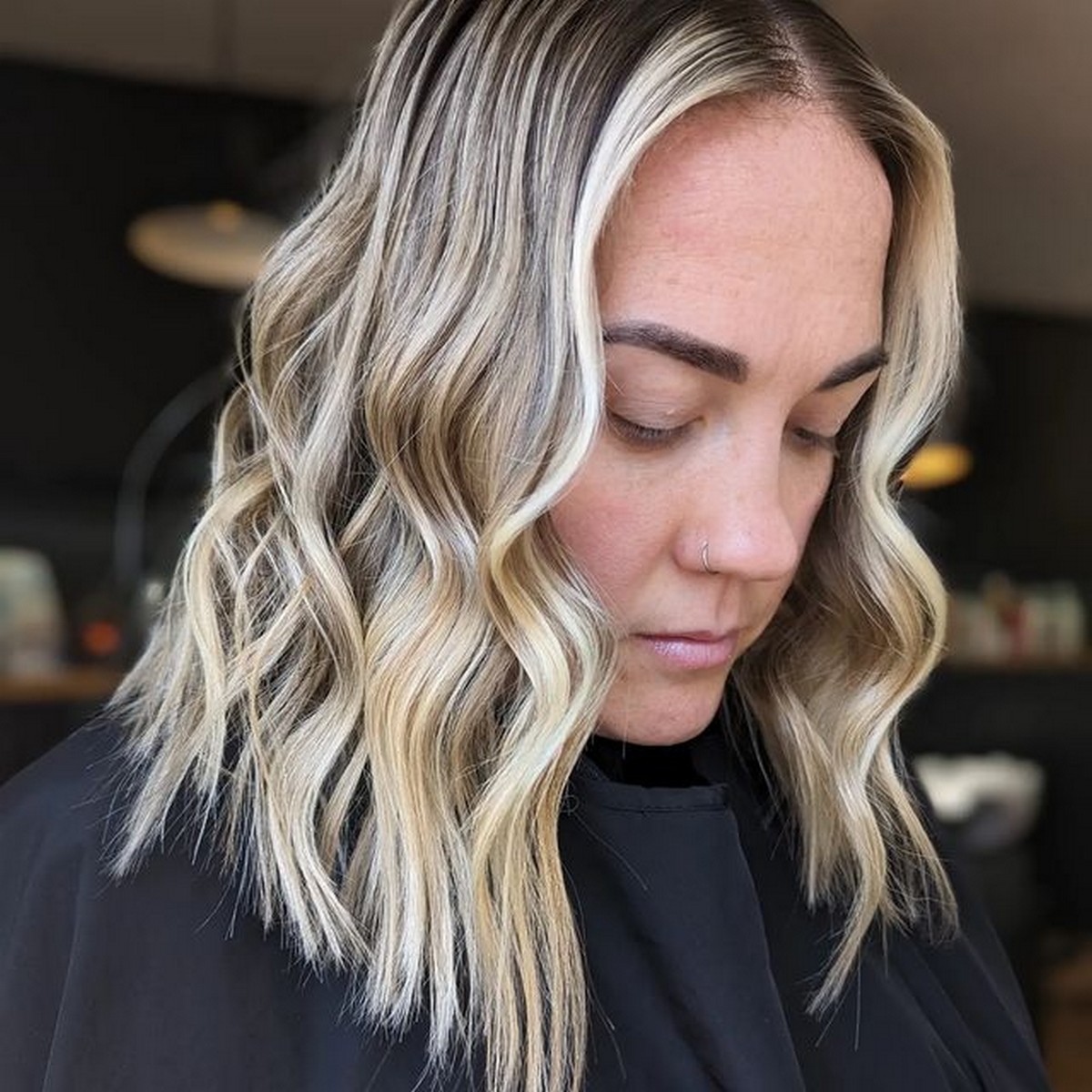 Wavy Lob With Blonde Highlights
