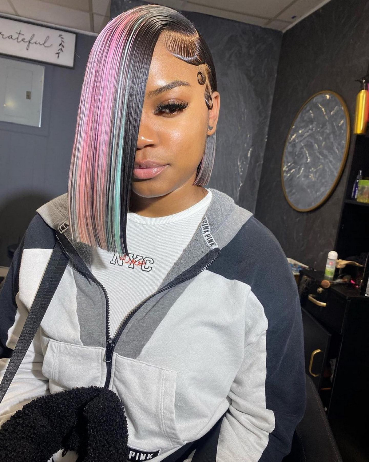Asymmetrical Bob With Vivid Color Highlights