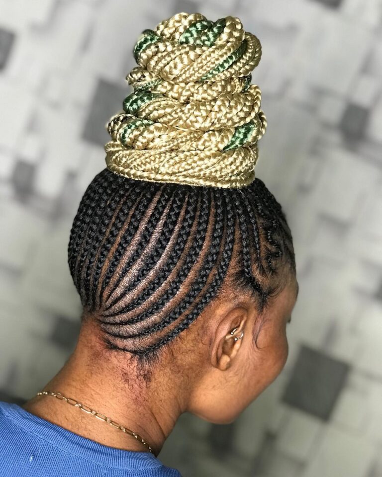 Elegant Blonde Braids Updo with Black Accents for Timeless Elegance