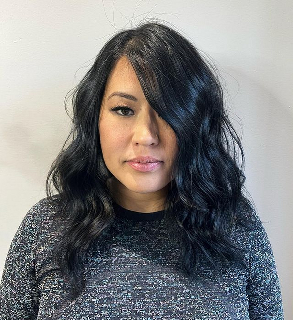 Textured Lob With Soft Layers And Long Jaw-Length Curtain Bangs