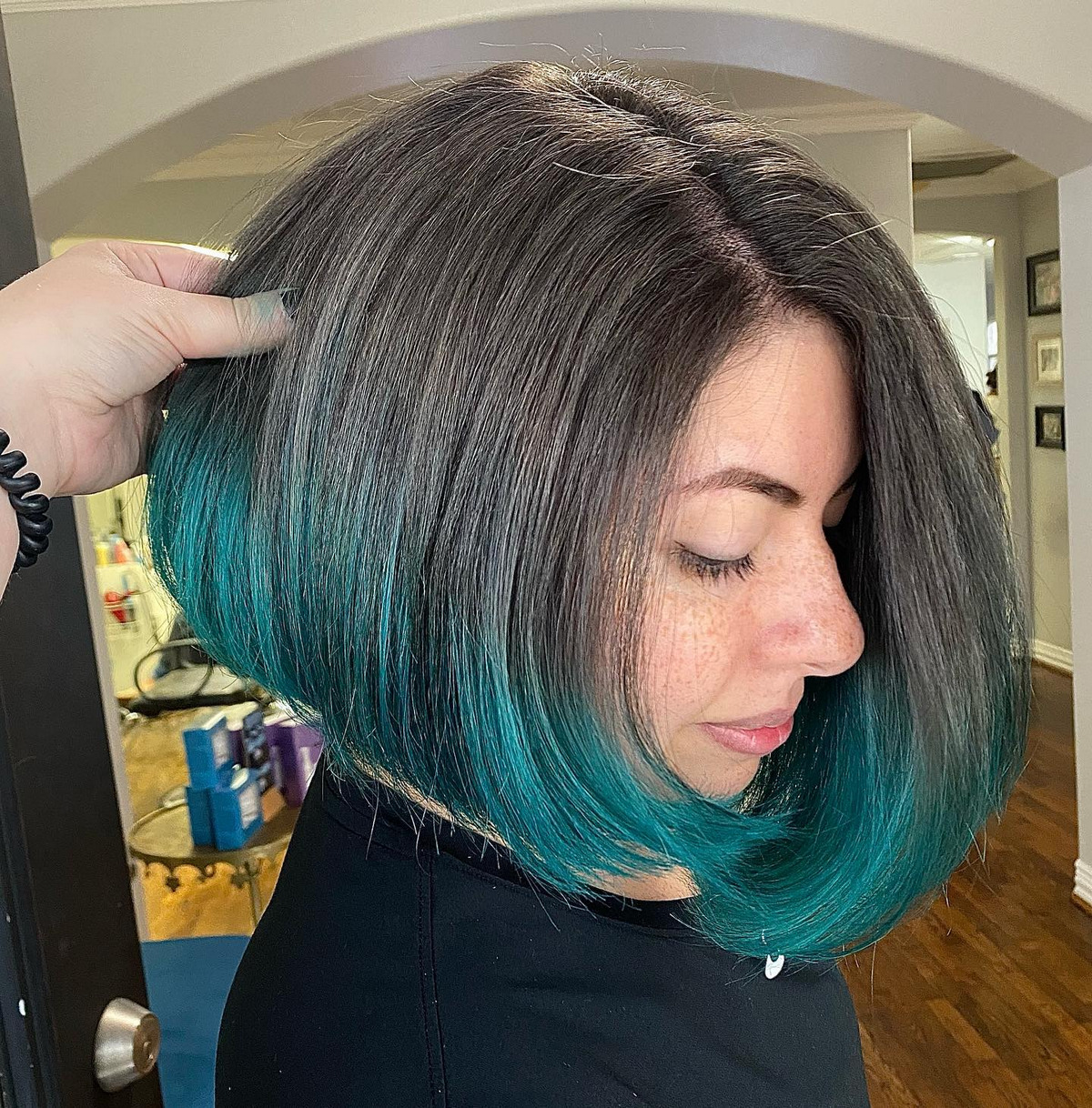 Faded Copper To Charcoal Teal Color On Asymmetrical Bob