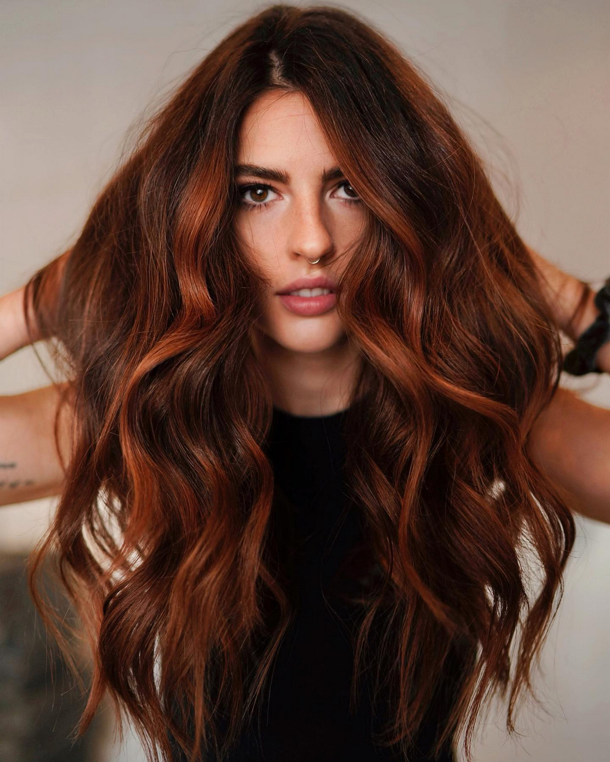 Cinnamon Brown Balayage With Fiery Red Highligts
