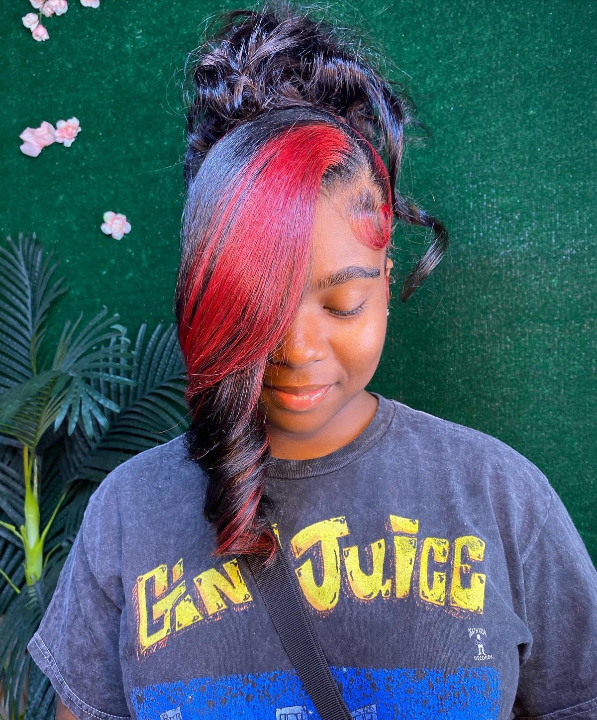 Updo with Red Long Swoop Bang