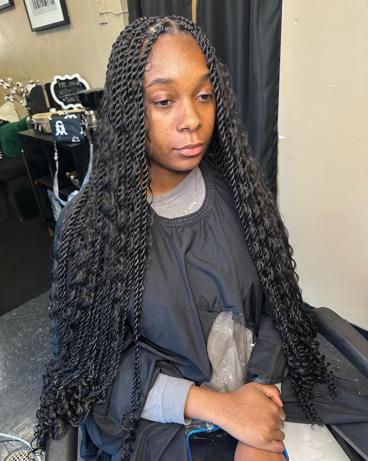 Middle Part Box Braids With Spiral Ends