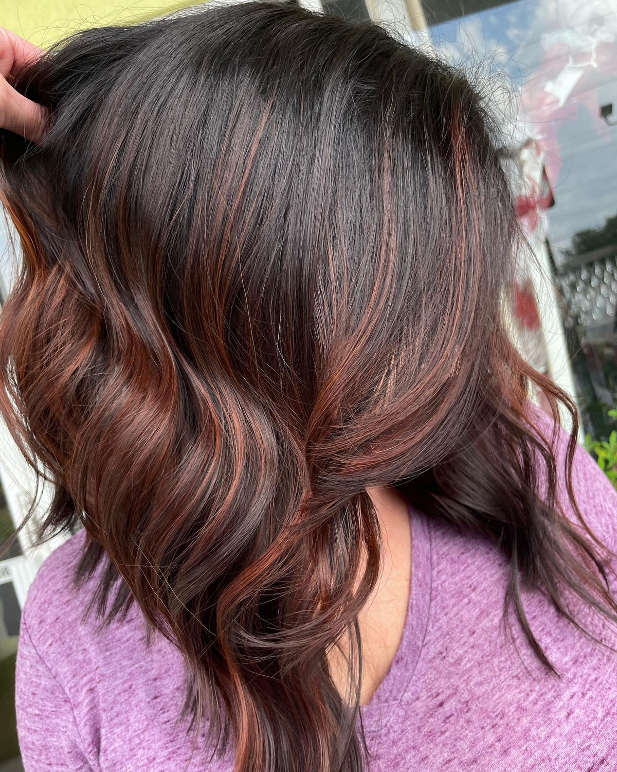 Chocolate Brown Balayage With Copper Highlights 
