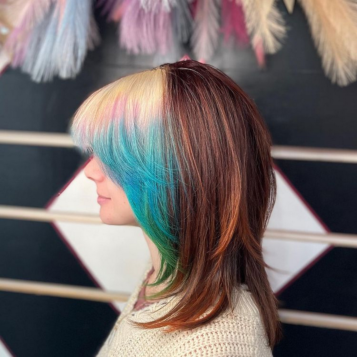 Medium-Length Copper Hair With Funky Color Bangs