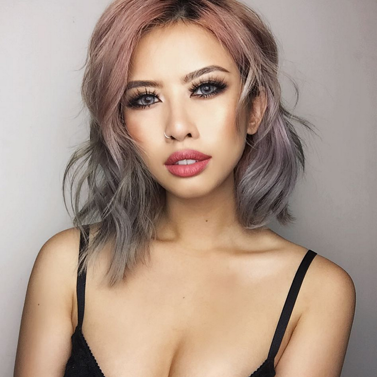 Pink-Grey Layered Asymmetrical Bob