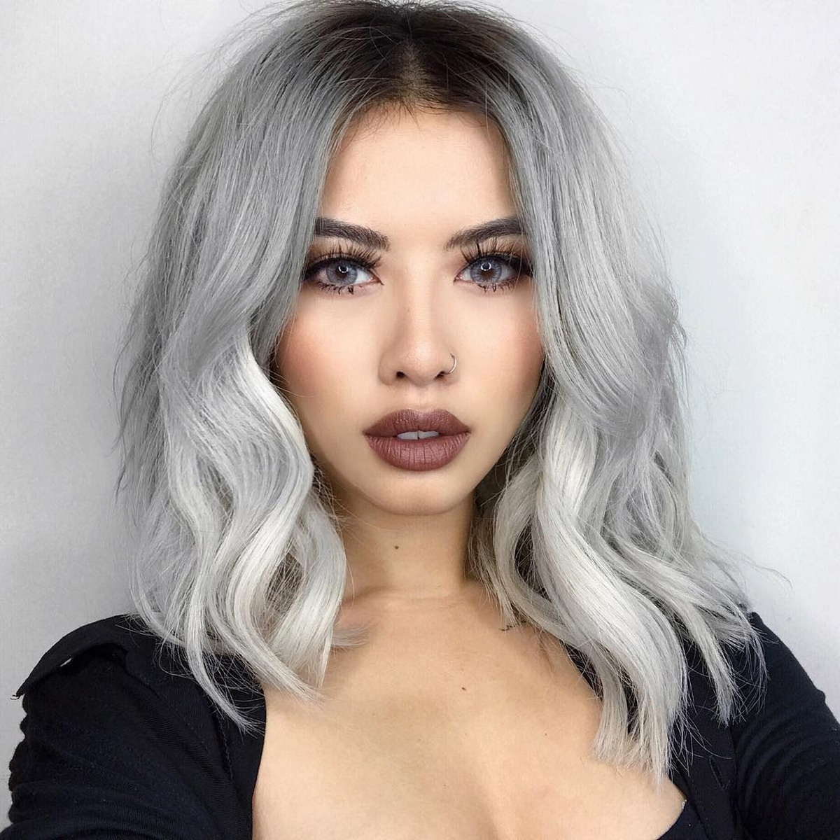 Silver Asymmetrical Bob With Shadow Root