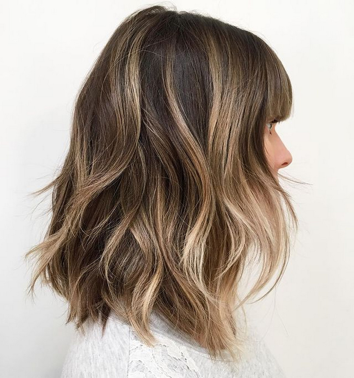 Balayage Lob With Blunt Bangs
