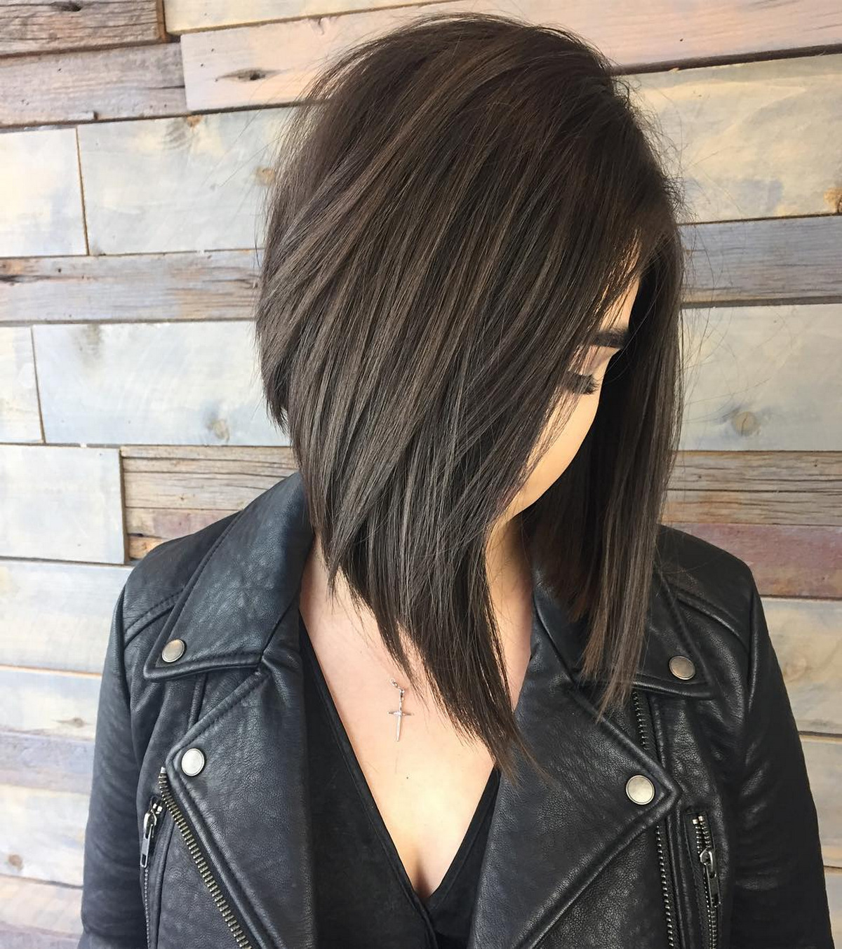 V-cut Layers on Angled Brunette Bob