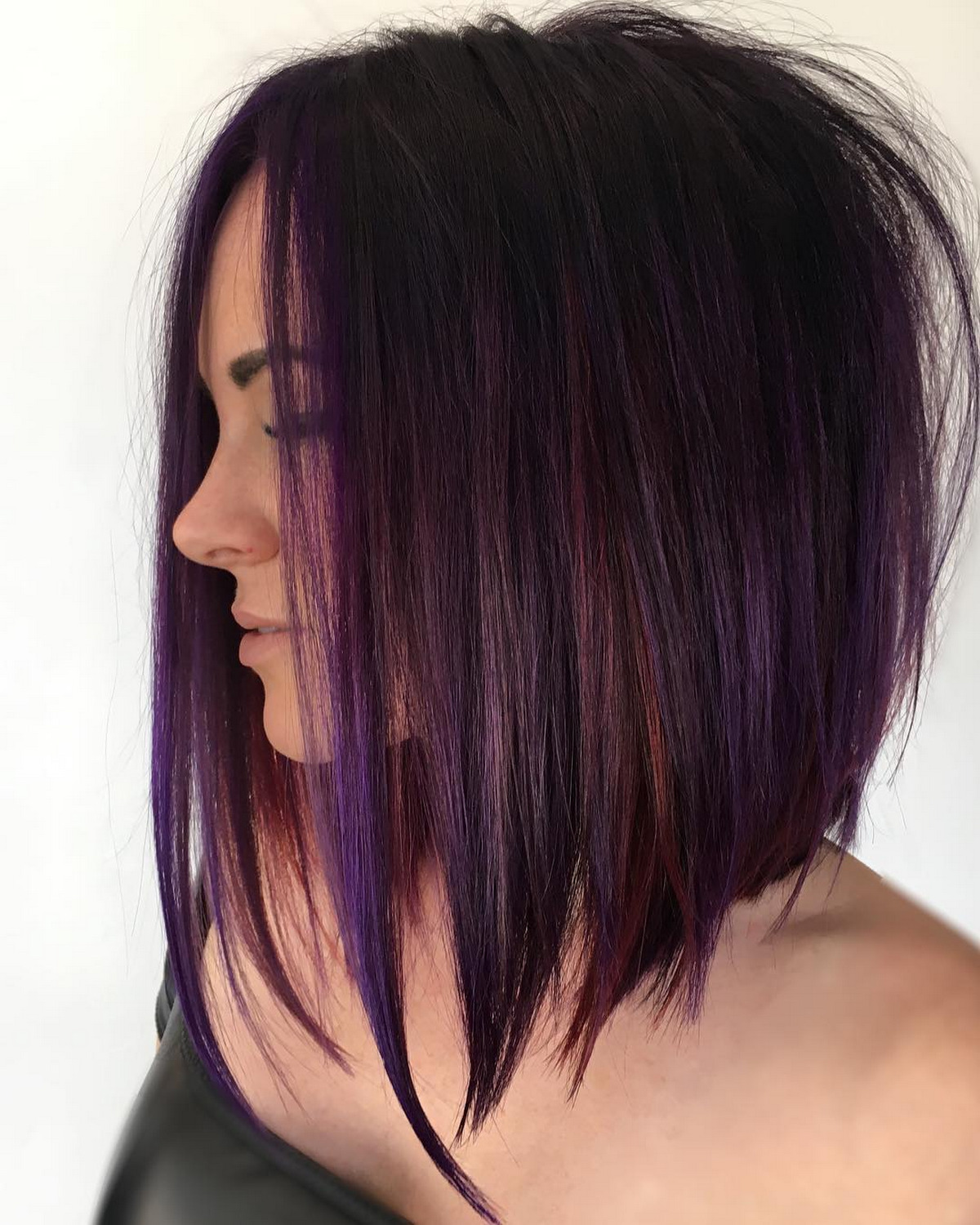 Angled Brunette Bob with Purple Highlights