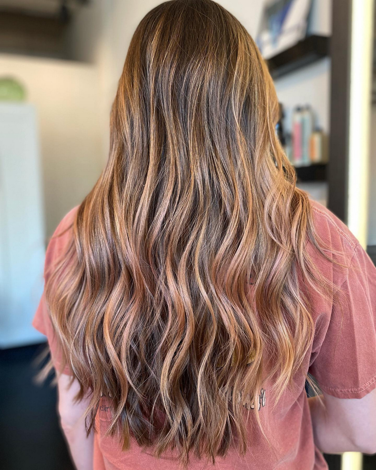 Long Layered Haircut With Rosegold Bayalage