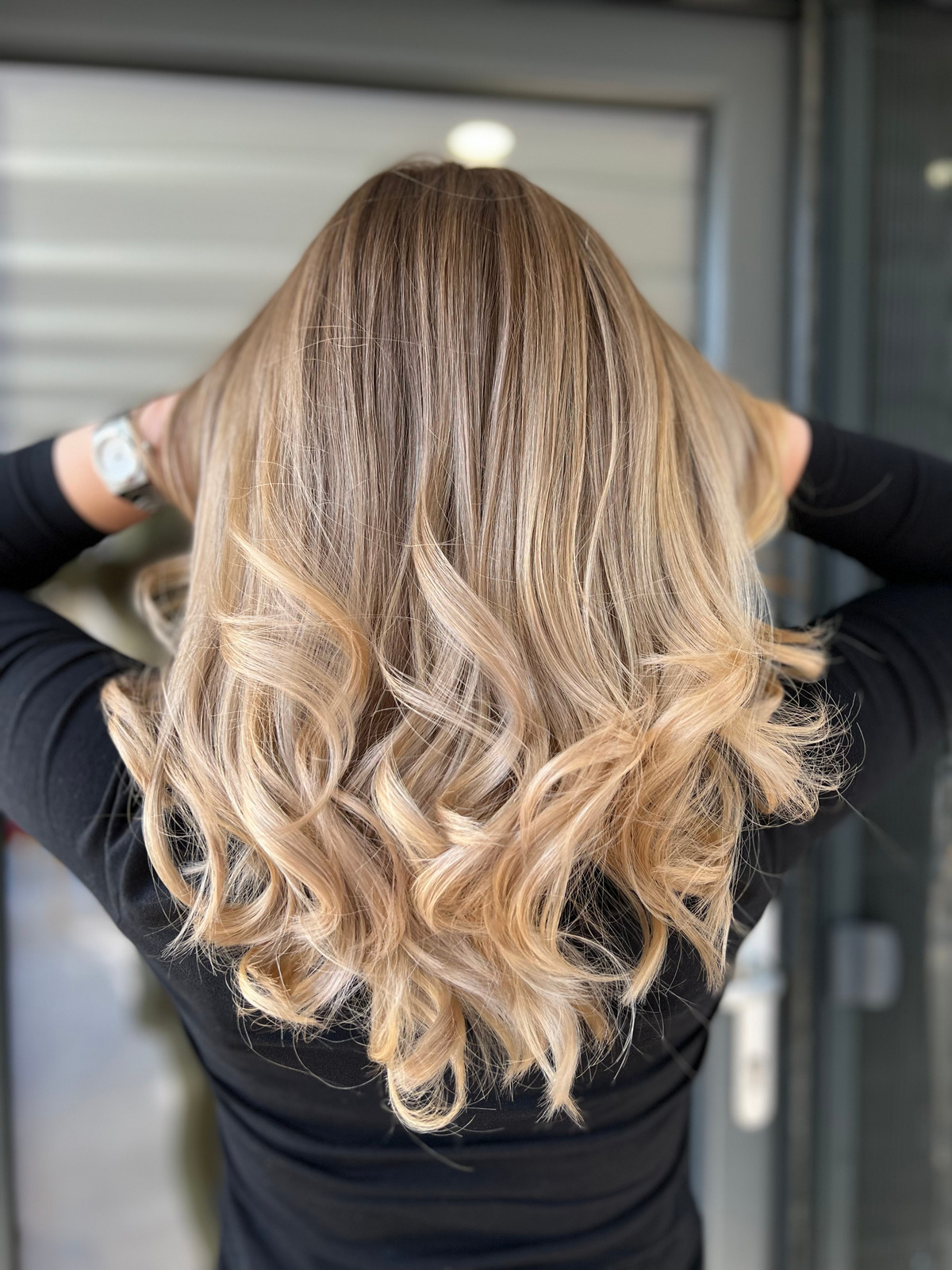 Balayage hair technique, with a beautiful warm blonde
