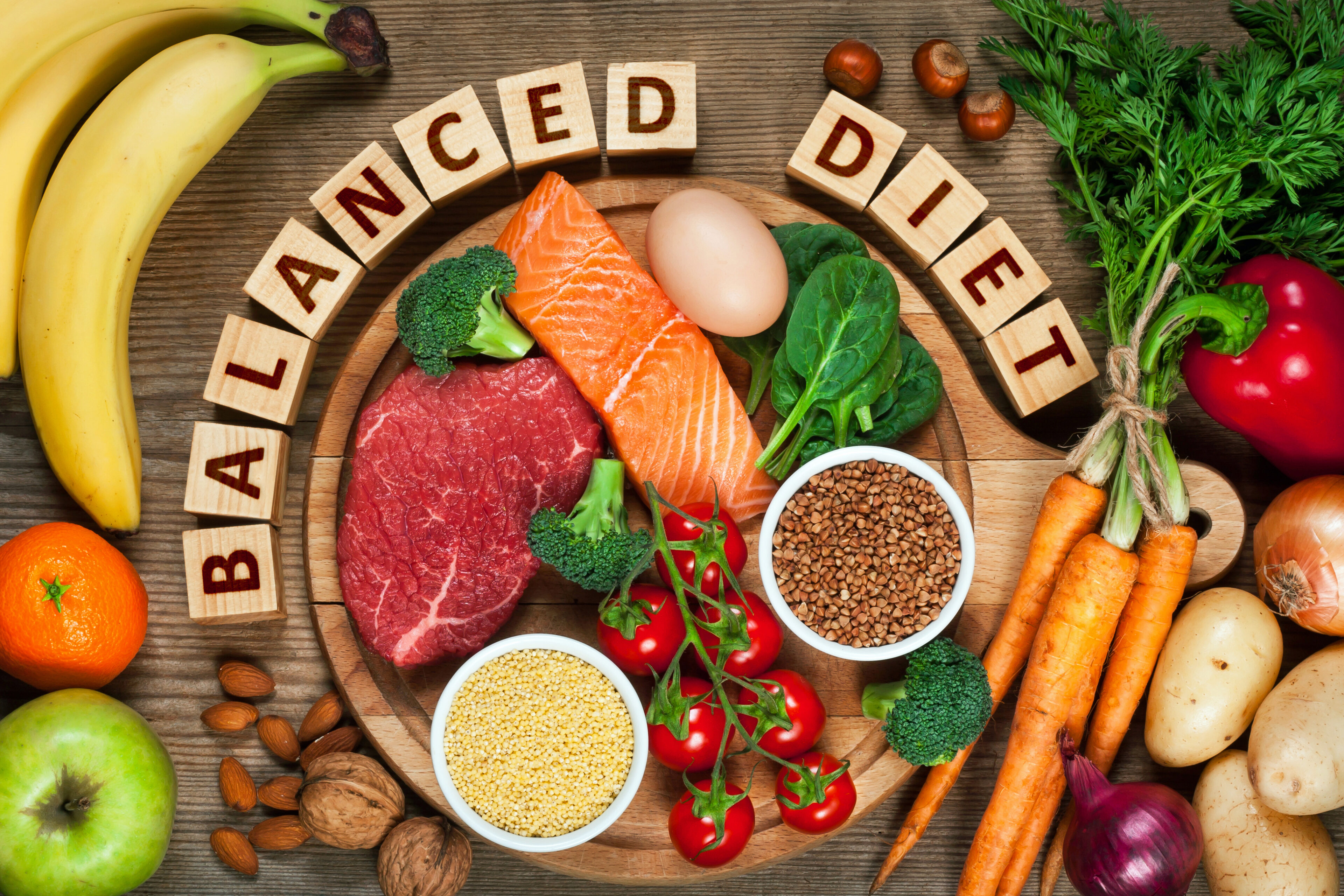 Balanced diet - healthy food on a wooden table