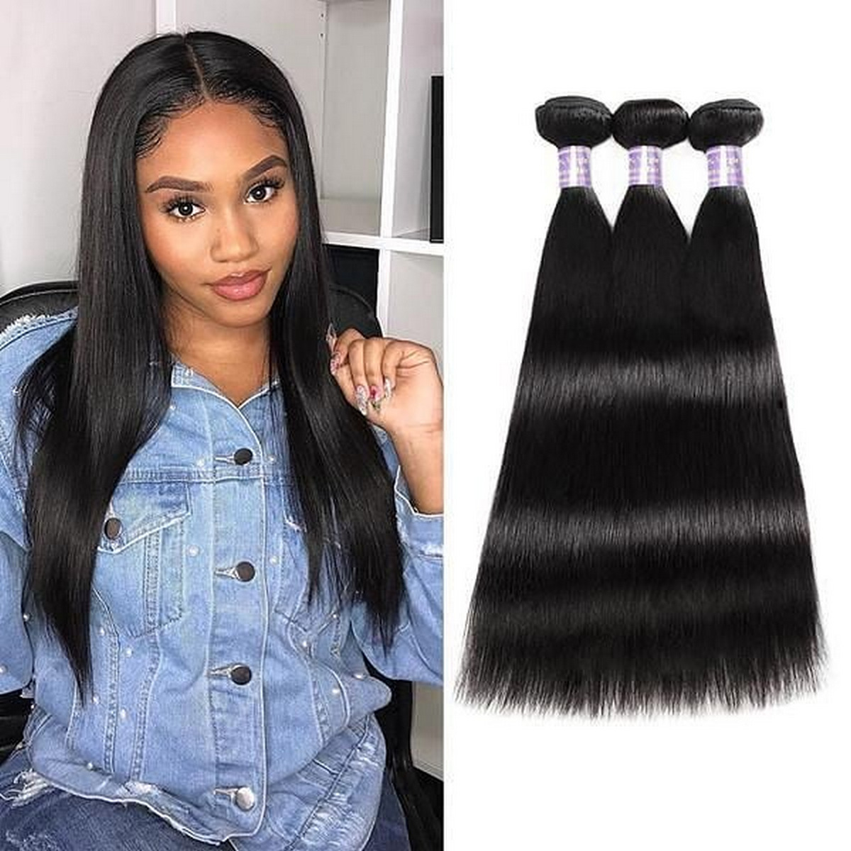 Natural straight black hair for type 3b