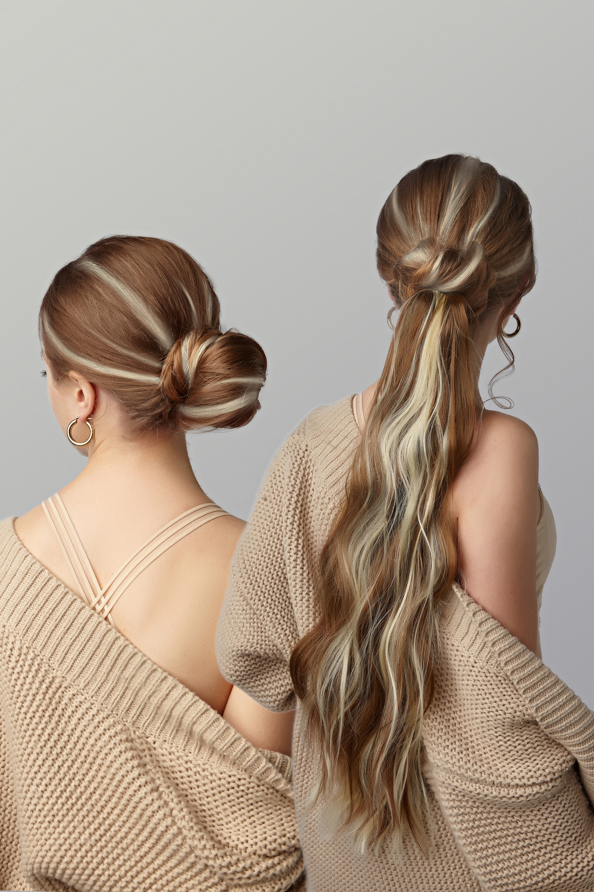Two ladies without brown ponytails highlighted with blonde strands.