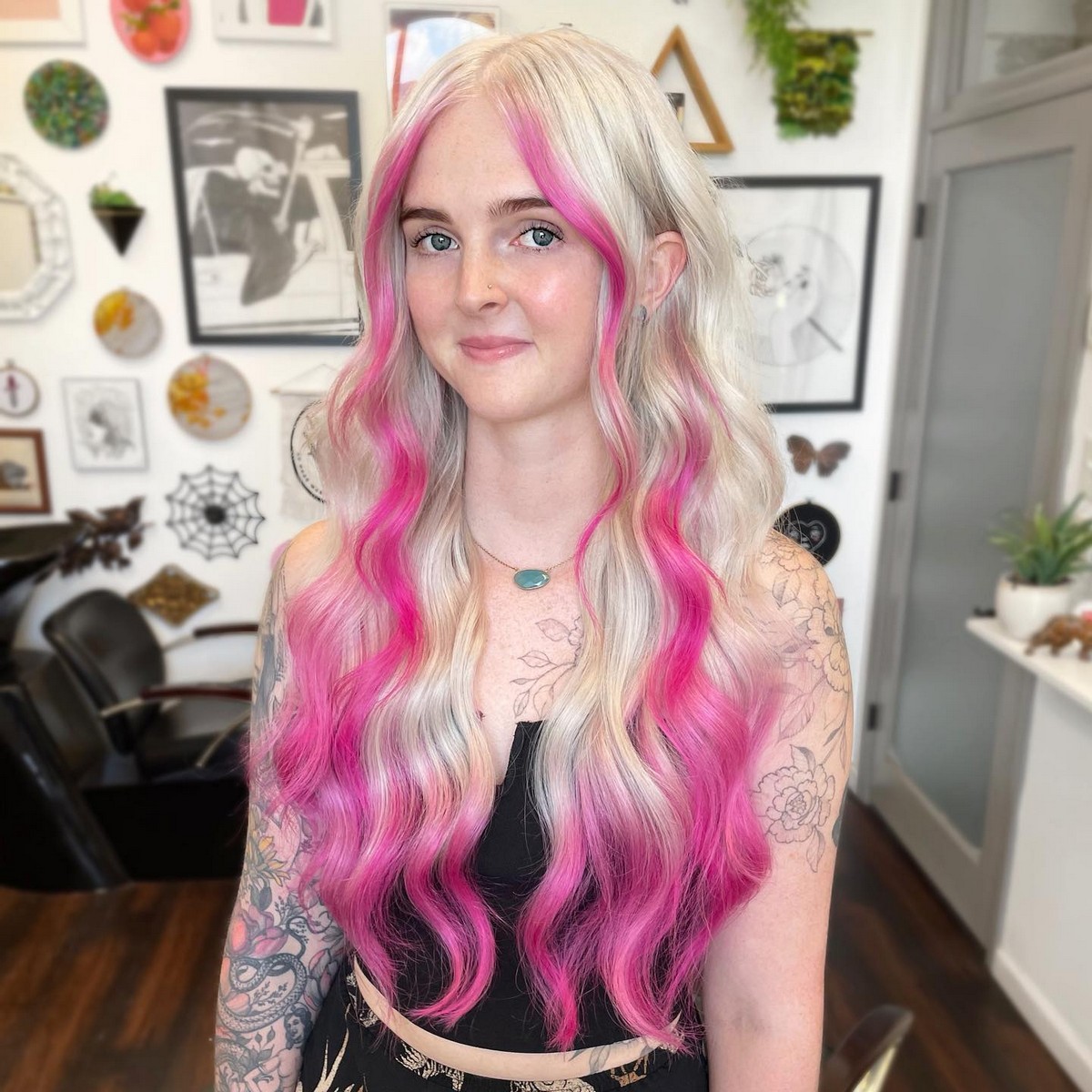 Blonde With Pink Highlight Hairstyle