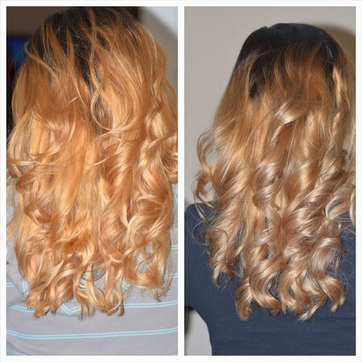 Blonde hair before and after using Wella T27 