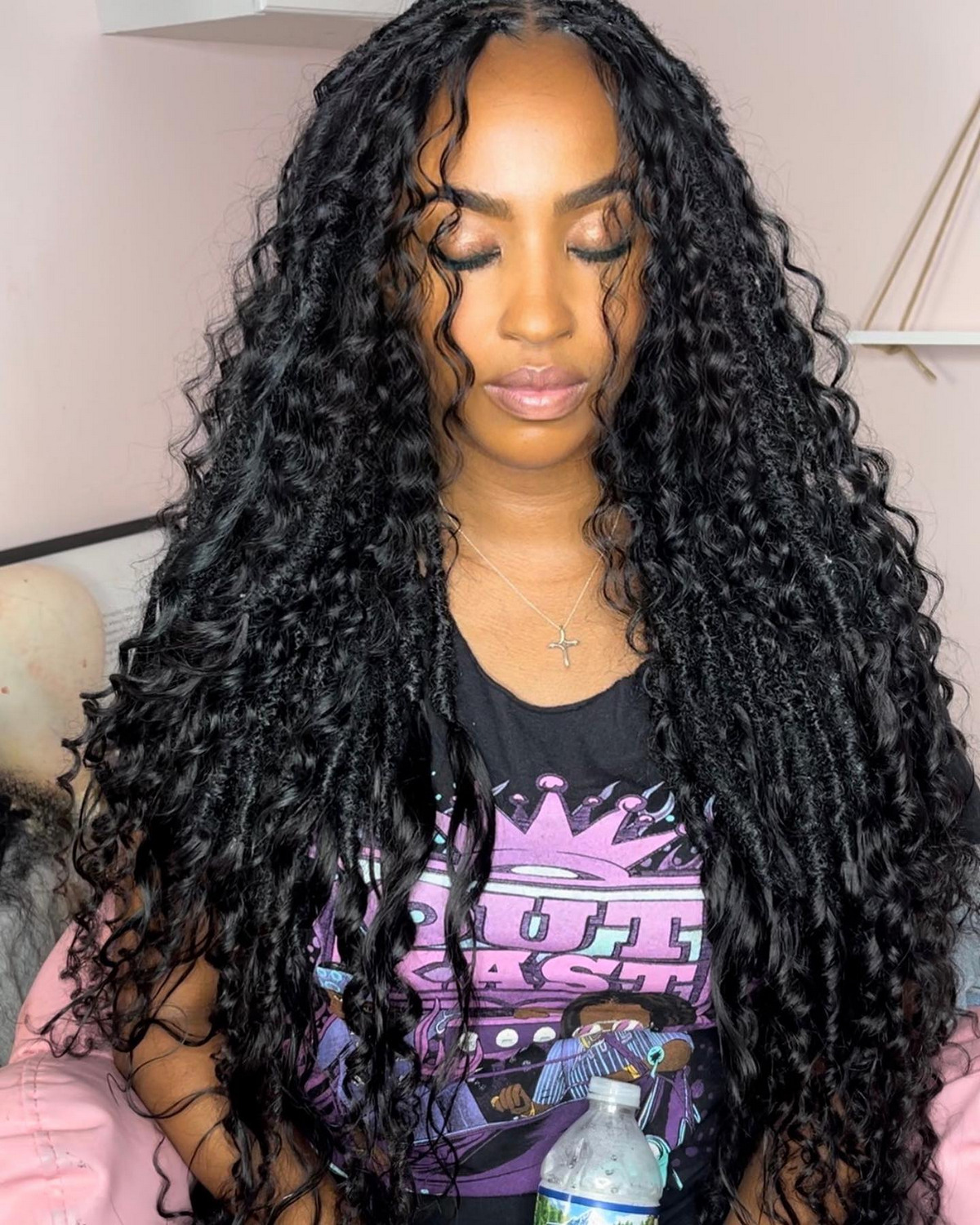 The girl with her eyes closed with endless long hair
